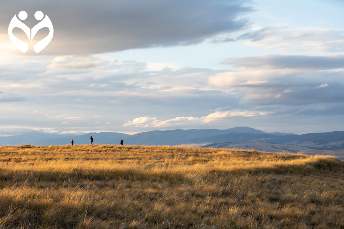 Three people walking on a sunlit ridge