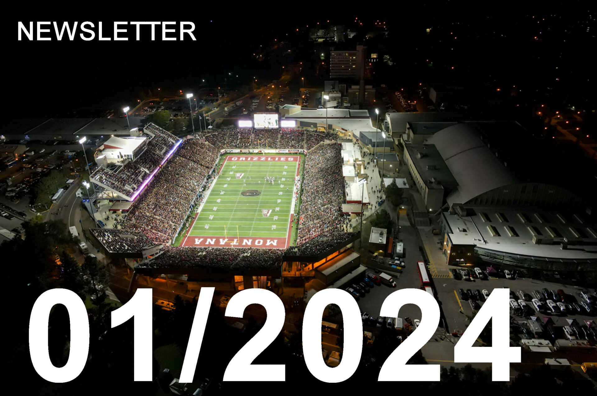 photo is an aerial view of a football stadium at night.